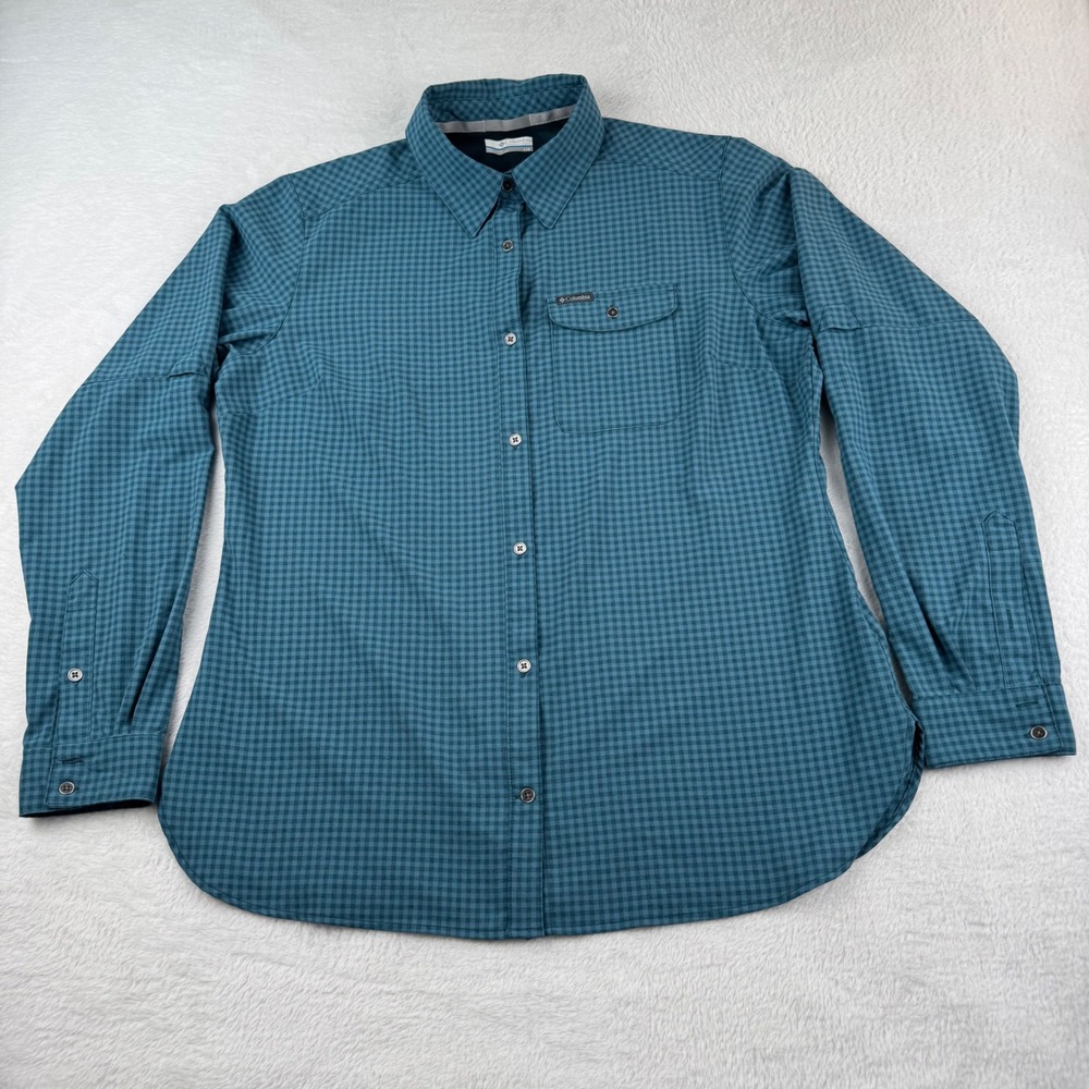 Columbia Button Down Shirt Womens Large Teal Gingham Plaid Vented Hiking Top